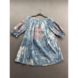 Matarello Dress Womens Medium Blue Tie Dye Off Shoulder Embroidered Boho Floral